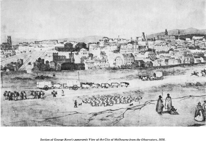 ‘Section of George Rowe’s panoramic view of the City of Melbourne from the Observatory, 1858.’ [lithograph]