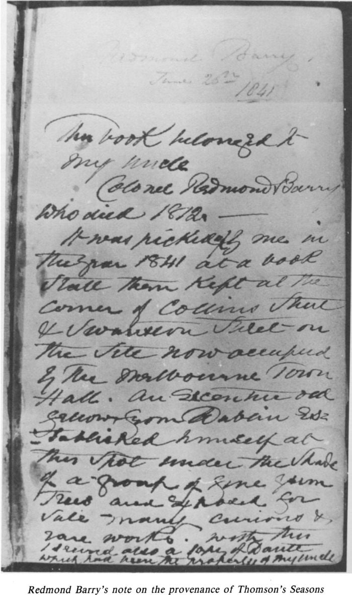 Redmond Barry’s note on the provenance of Thomson’s Seasons(1841) [page]
