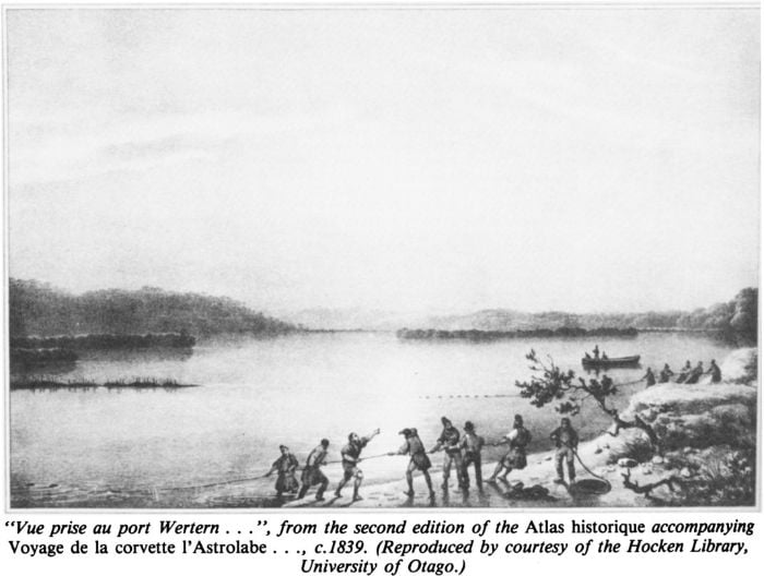 “Vue prise au port Western …”, from the second edition of the Atlas historique accompanying Voyage de la corvette l’Astrolabe ..., 1839. (Reproduced by courtesy of the Hocken Library, University of Otago) [painting]