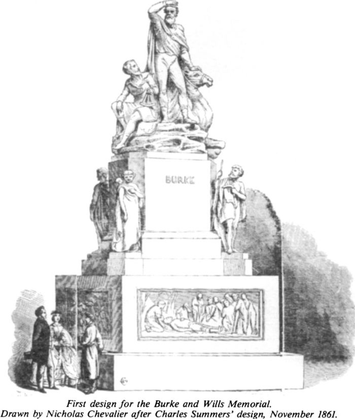 First design for the Burke and Wills Memorial. Drawn by Nicholas Chevalier after Charles Summers’ design, November 1861. [drawing]