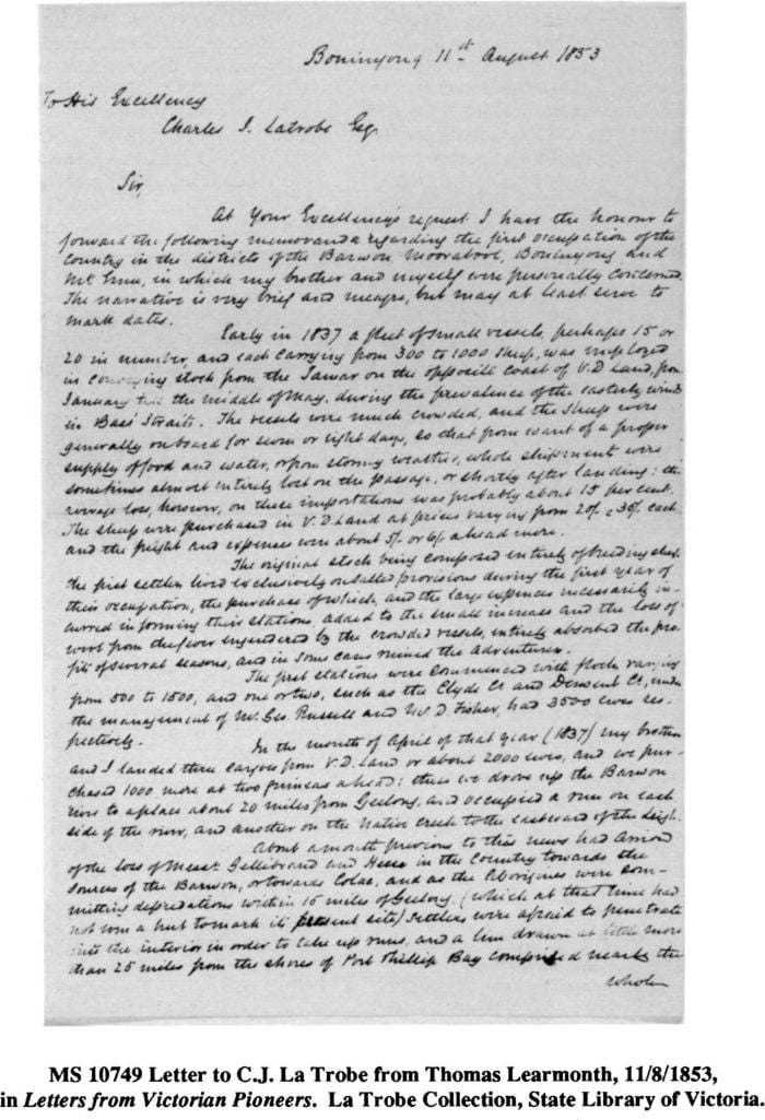 MS 10749 Letter to C. J. La Trobe from Thomas Learmouth, 11/8/1853, in Letters from Victorian Pioneers. La Trobe Collection, State Library of Victoria. [letter]