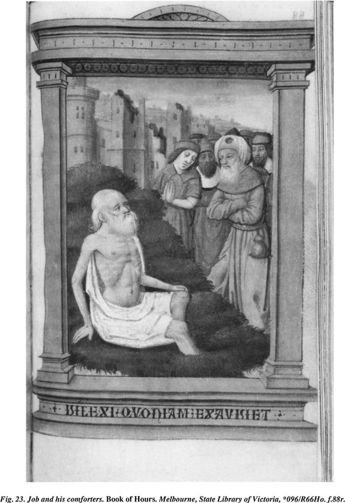 Fig. 23. Job and his comforters. Book of Hours. Melbourne, State Library of Victoria, *096/R66Ho. f.88r. [illuminated page]