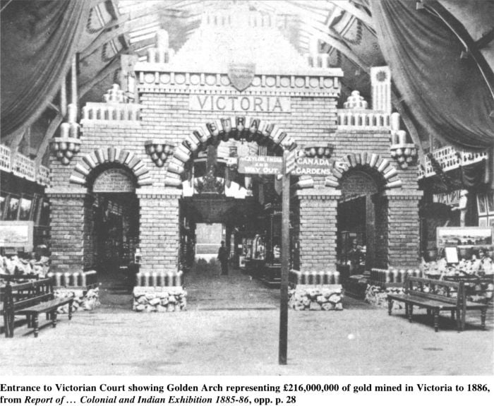Entrance to Victorian Court showing Golden Arch representing £216,000,000 of gold mined in Victoria to 1886, from Report of… Colonial and Indian Exhibition 1885-86, opp. P.28. [photograph]