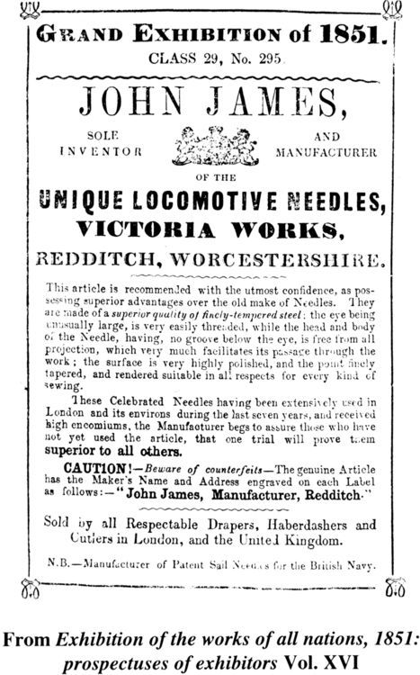From Exhibition of the works of all nations, 1851: prospectuses of exhibitors. Vol. XVI. ‘Grand Exhibition of 1851, John James unique locomotive needles.’ [advertisement]