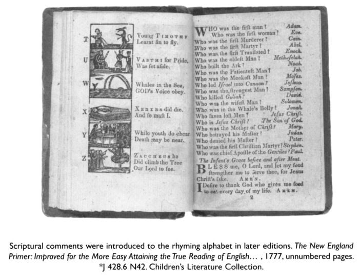 Scriptural comments were introduced to the rhyming alphabet in later editions. The New England Primer: Improved for the More Easy Attaining the True Reading of English... , 1777, unnumbered pages. *J 428.6 N42 Children's Literature Collection. 