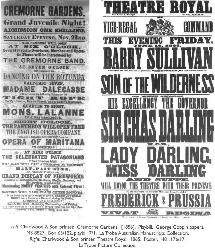 Left: Charlwood & Son, printer. Cremorne Gardens. [1856]. Playbill. George Coppin papers. MS 8827. Box 65/122, playbill 7/1. La Trobe Australian Manuscripts Collection.