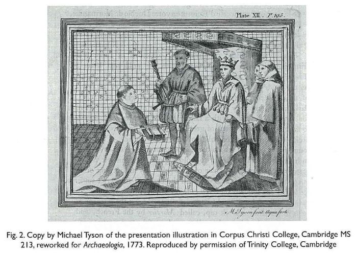 Fig. 2. Copy by Michael Tyson of the presentation illustration in Corpus Christi College, Cambridge MS 213, reworked for Archaeologia, 1773. Reproduced by permission of Trinity College, Cambridge [printed copy of manuscript illustration]
