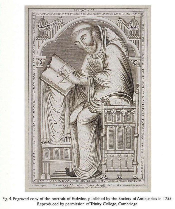 Fig. 4. Engraved copy of the portrait of Eadwine, published by the Society of Antiquaries in 1755. Reproduced by permission of Trinity College, Cambridge [engraved copy of manuscript illustration]
