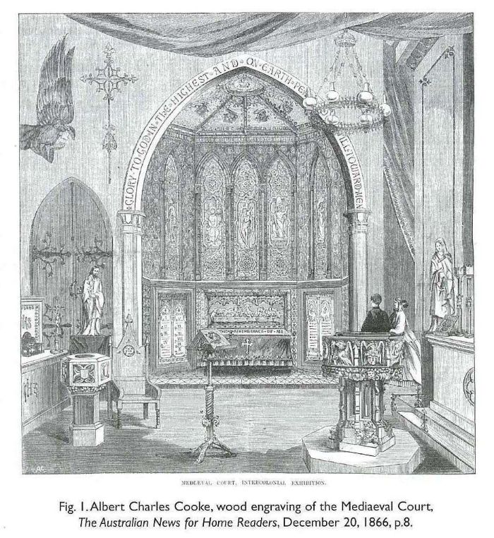 Fig. 1. Albert Charles Cooke, wood engraving of the Mediaeval Court, The Australian News for Home Readers, December 20, 1866, p.8. [wood engraving]