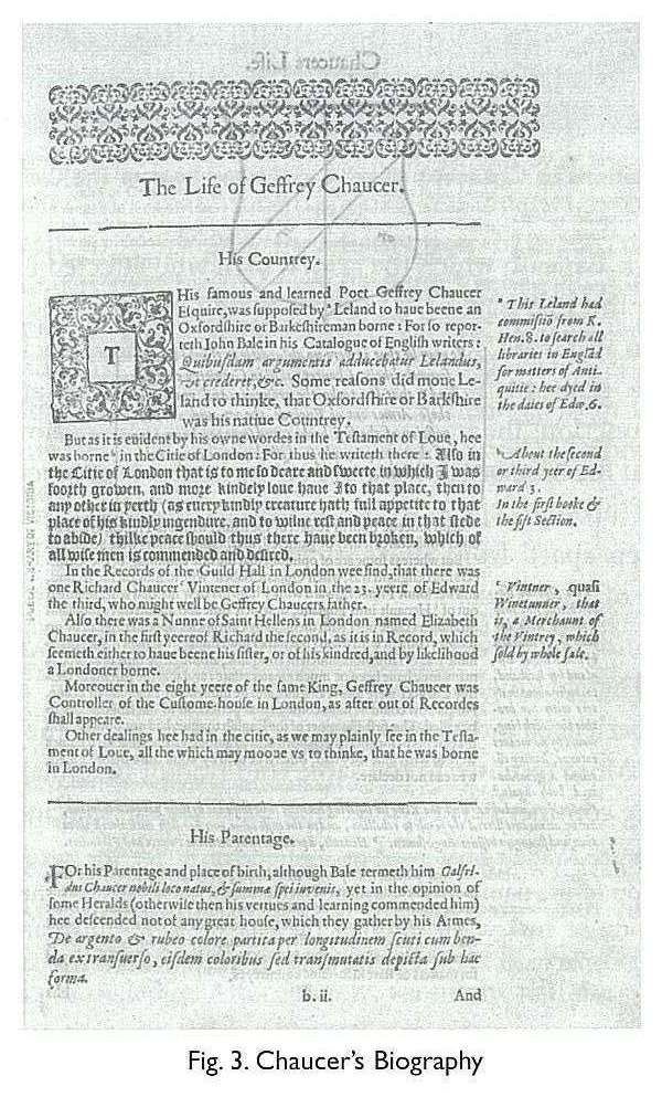 Fig. 3. Chaucer’s Biography [one decorated page, b.ii, beginning 'The Life of Geffrey Chaucer' and including headings 'His Countrey' and 'His Parentage']