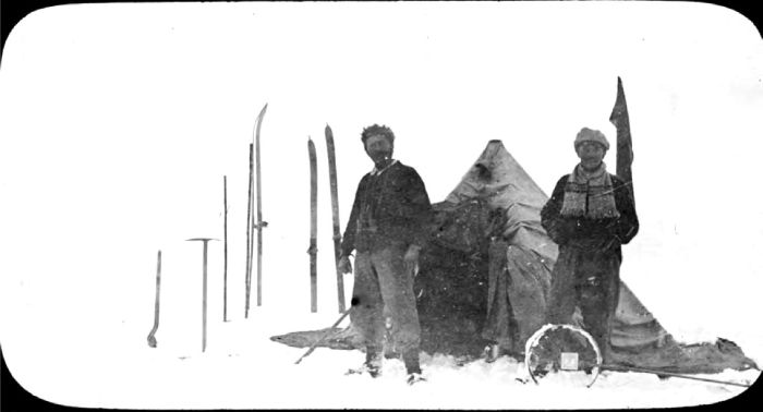 [Ernest] Joyce and self [Keith Jack] on [Ross Ice] Barrie. Glass lantern slide, ca. 1914-ca. 1917. [Andrew] Keith Jack, compiler. H82.45/28. La Trobe Picture Collection. [black and white photograph]