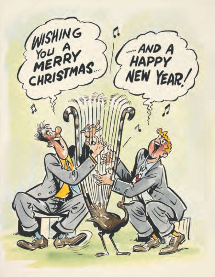 Bluey and Curley celebrating or having over celebrated the festive season. Brush and ink watercolour sketch by Alex Gurney, no date. Alex Gurney Papers, MS 13561, Australian Manuscripts Collection. Reproduced courtesy of Margaret Gurney. [brush and ink watercolour cartoon]