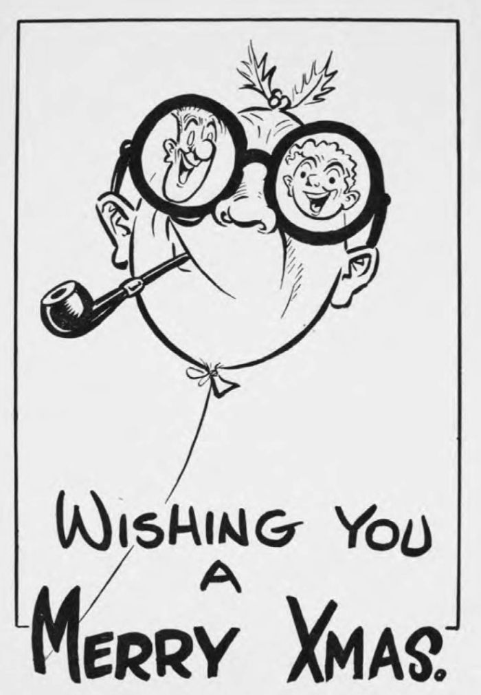Christmas card by Alex Gurney. Brush and ink, no date. Alex Gurney Papers, MS 13561, Australian Manuscripts Collection. Reproduced courtesy of Margaret Gurney. [brush and ink cartoon with words 'Wishing you a Merry Xmas']