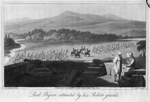 Fig. 7. ‘Lord Byron attended by his Souliote Guards’, W. Parry, 1825, p.76. [print illustration]