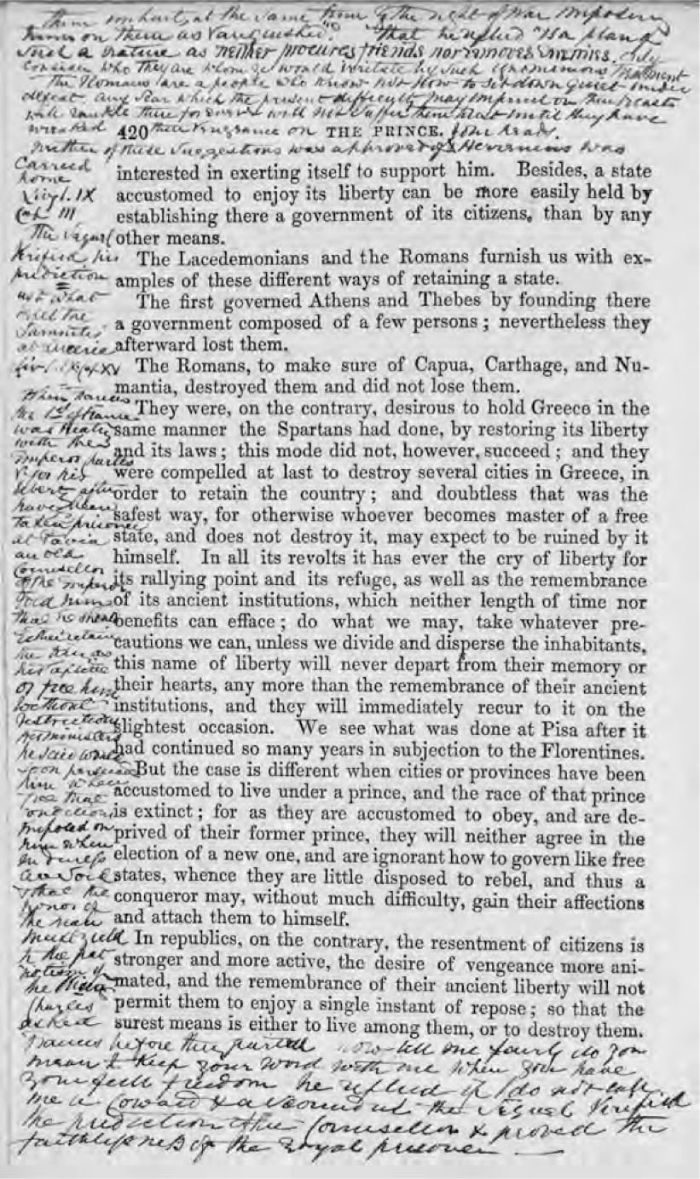 Niccolo Machiavelli The History of Florence and the Affairs of Italy from the Earliest Times to the Death of Lorenzo the Magnificent together with The Prince and Various Historical Tracts. A new translation. London: Henry G. Bohn 1847, p.420, showing detailed annotations by Redmond Barry.