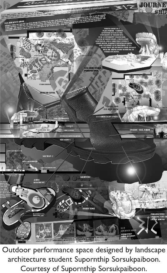 Architectural illustration. Outdoor performance space designed by landscape architecture student Supornthip Sorsukpaiboon. Courtesy of Supornthip Sorsukpaiboon. [architectural illustration]