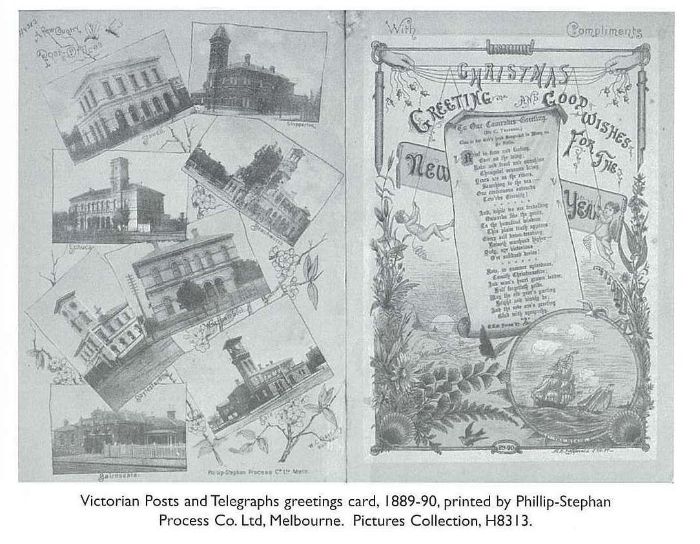 Victorian Posts and Telegraphs greetings card, 1889-90, printed by Phillip-Stephan Process Co. Ltd, Melbourne. One-colour illustrations and photographs, with greetings text. Pictures Collection, H8313. [printed card]
