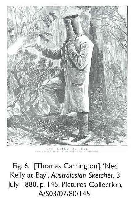 Fig. 6. [Thomas Carrington], ‘Ned Kelly at Bay’, Australasian Sketcher, 3July 1880, p. 145. Pictures Collection, A/S03/07/80/145. [newspaper illustration]