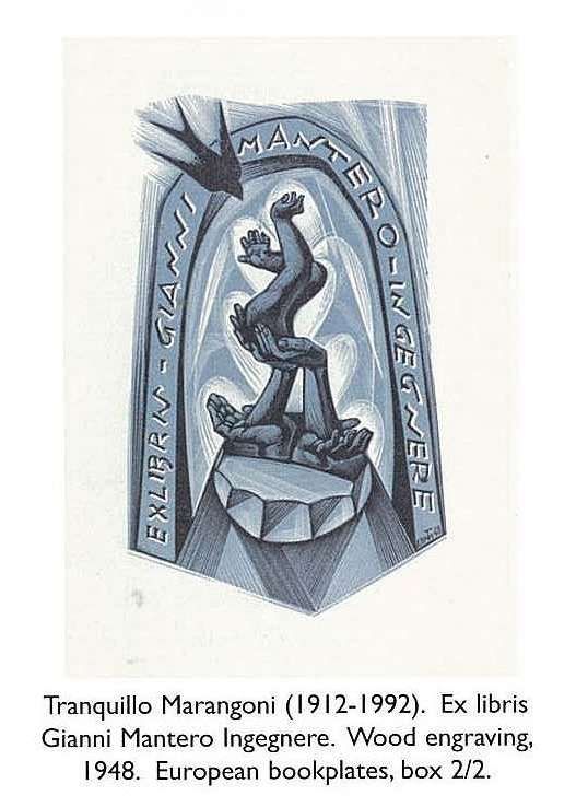 Tranquillo Marangoni (1912-1992). Ex libris Gianni Mantero Ingegnere. Wood engraving, 1948. European bookplates, box 2/2. [book plate]