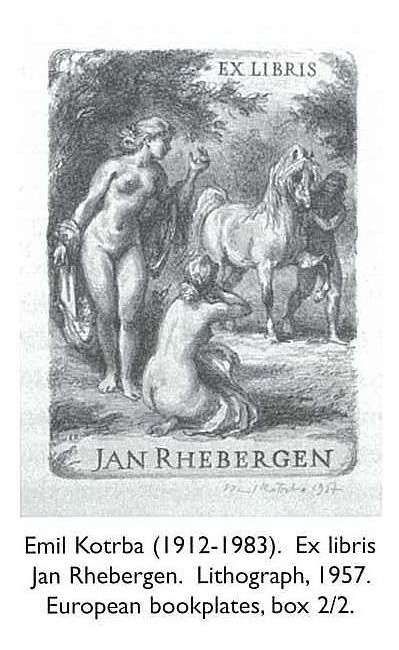 Emil Kotrba (1912-1983). Ex libris Jan Rhebergen. Lithograph, 1957. European bookplates, box 2/2.  [book plate]