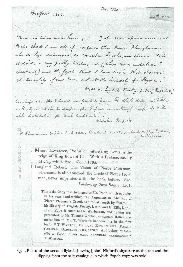 Fig. 1. Recto of the second flyleaf, showing [John] Mitford’s signature at the top and the clipping from the sale catalogue in which Pope’s copy was sold. [catalogue clipping with annotations]
