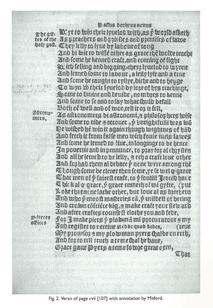 Fig. 2. Verso of page cvii [107] with annotation by Mitford. [annotated printed poem page]