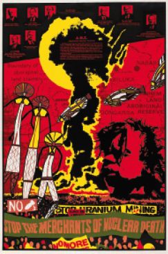 Bob Clutterbuck, Stop the merchants of nuclear death Red Letter (Brunswick Work Co-operative), ca. 1983 Screenprint poster on white paper H84.221/5, Pictures Collection [poster]