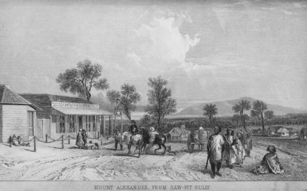 ‘Mount Alexander from Saw-pit Gully’ from How to Farm and Settle in Australia . . . by an old colonist, London: Ward and Lock,1856 [engraving]