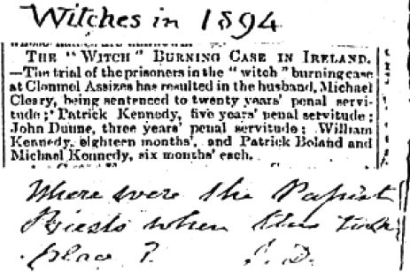 Figure 2 Dawson's marginalia on the 'Burning of Bridget Cleary', Scrapbook, p. 201 [anotated newspaper cutting]
