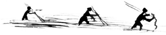 Figure 5 ‘Bunurong’ men spearing eels in a lagoon (Robinson journal, 29 January 1841). A similar technique was used by Aboriginal people of southwest Victoria. Courtesy of the Mitchell Collection, State Library of New South Wales. [drawing]