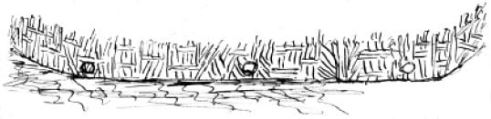 Figure 10 Detail of front of a large stake, branch and basket fishing weir, Moyne River (Robinson journal, 30 April 1841). Courtesy of the Mitchell Collection, State Library of New South Wales. [drawing]