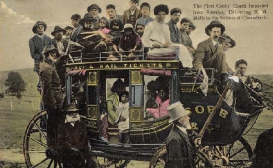Nicholas Caire, Delivering Royal Mail loose bag for Aborigines at Coranderrk, c.1904. Reprint on a souvenir postcard [96.144/12] [photograph]