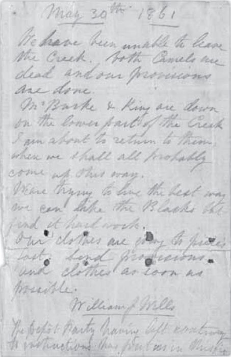 William John Wills, ‘Last notes’, 30 May 1861. MS13071 (safe 1). The note Wills buried with his field books in the camel box at the ‘Dig Tree’. [diary page]