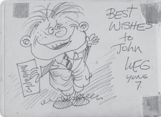 Drawing by WEG of a future editor of the La Trobe Journal, c.1960. Collection of John Arnold. [cartoon]
