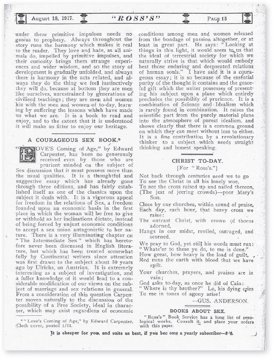Review of Edward Carpenter’s Love Coming of Age under the title ‘A Courageous Sex Book’ in Ross’s Monthly, 18 August, 1917. The reviewer was Victorian Labor MLA, Tom Tunnecliffe. Note the advertisement for ‘Books About Sex’ at the bottom right. [Review in newspaper]