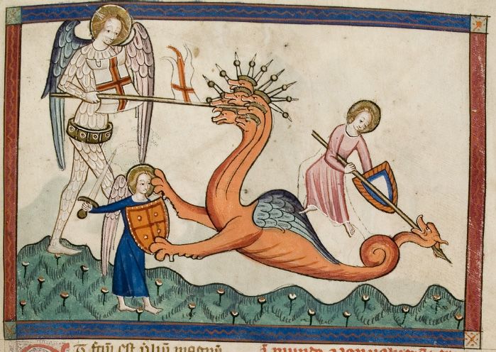 Apocalypse. MS B.10.2 detail Folio 22. Reproduced by kind permission of the Master and Fellows, Trinity College Cambridge. [Manuscript illustration]