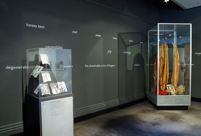 View from the Camp as. . . Melbourne in the 1950s exhibition. Melbourne Town Hall, 2005. Two of the display cabinets. [Photograph]