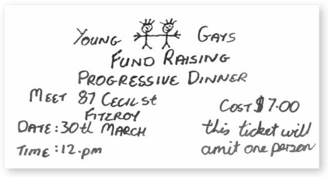 Invitation for Melbourne Young Gay’s function reproduced in Bill Calder’s Lavender Youth: a history of Melbourne’s Young Gays, Sep 79 – Jan 81, [Melbourne: The Author, 1985]. [Invitation]