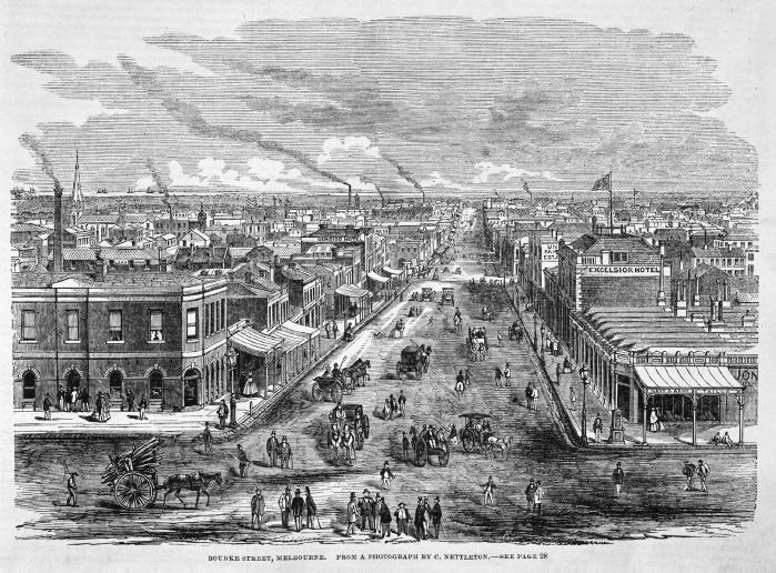 Bourke Street, Melbourne, 1862. Wood engraving by Samuel Calvert (based on photograph by Charles Nettleton), Illustrated Melbourne Post, April 1862. [Wood engraving]