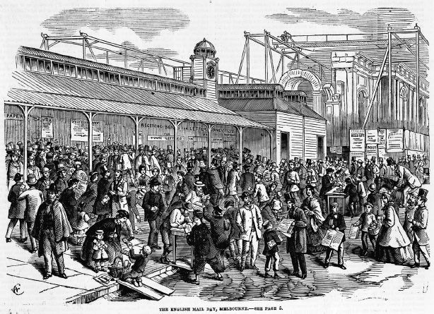The English Mail Day, Melbourne. Wood engraving based on the painting by Nicholas Chevalier (reproduced on proceeding pages), Illustrated Melbourne Post, 23 August 1862. [Wood engraving]