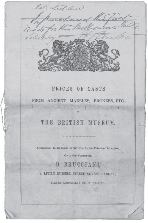 Joseph Anderson Panton’s inscribed copy of D. Brucciani, Prices of Casts from Ancient Marbles, Bronzes, etc. in the British Museum, [1857], Joseph Anderson Panton Papers, MS 10071, Australian Manuscripts Collection. [Title page]