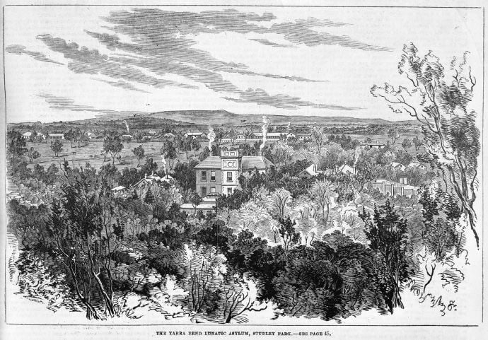 The Yarra Bend Lunatic Asylum, Studley Park. Wood engraving by Samuel Calvert, Illustrated Melbourne Post, June 1862. [Wood engraving]
