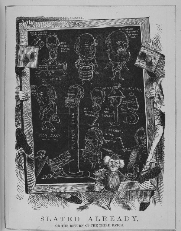 Having a dig at his stature, Melbourne Punch (23 April 1874, p. 163), refers to John Goulson Burtt as a small footnote in Victorian Parliamentary History following his 1874 election defeat at the hands of James Munro. [Drawing]