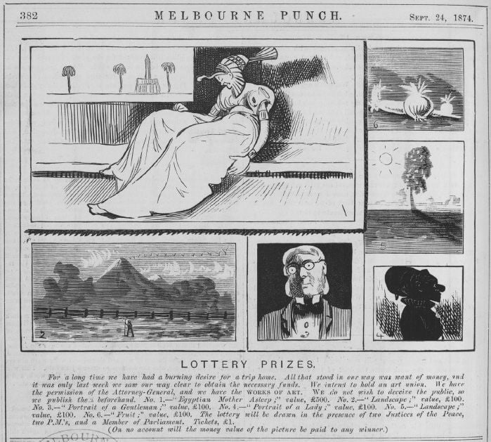 Melbourne Punch (24 September 1874, p. 382) lampoons Art Union prizes under the heading ‘Lottery Prizes’. [Cartoon]