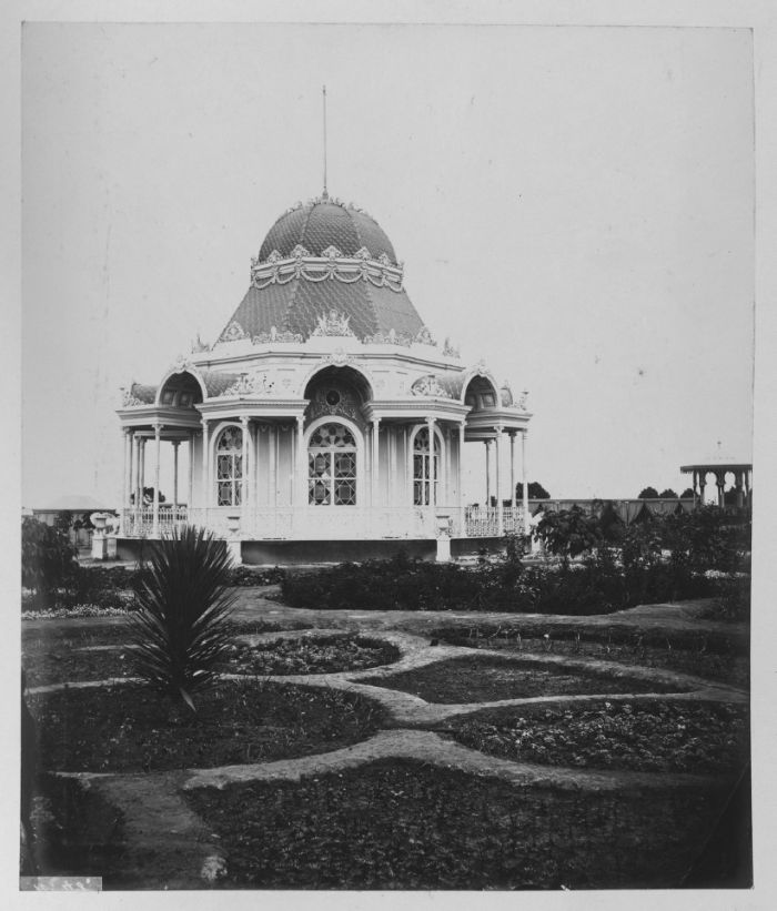 Pavillion at Lima Exhibition (plate 112, in Vistas del Peru album) [Photograph]